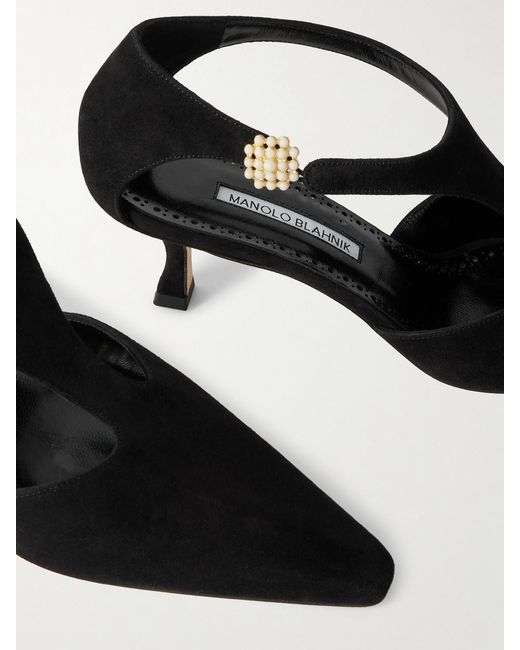 Manolo Blahnik Black Shufta 50 Embellished Suede Pumps