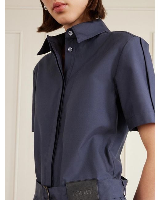 Loewe Blue Belted Pleated Cotton-Blend Mini Shirt Dress