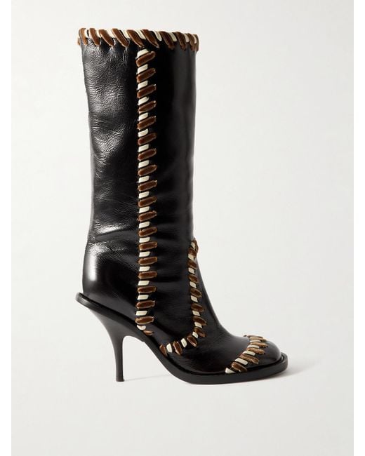 Dries Van Noten Black Grosgrain And Velvet-Trimmed Leather Knee Boots