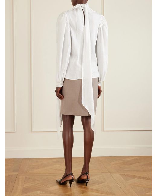 Gucci White Tie-Detailed Floral-Jacquard Satin-Crepe Blouse