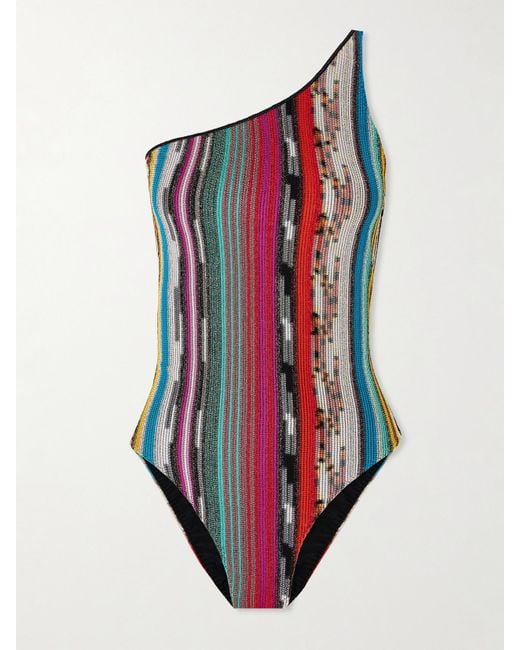 Missoni Red Mare One-Shoulder Metallic Crochet-Knit Swimsuit