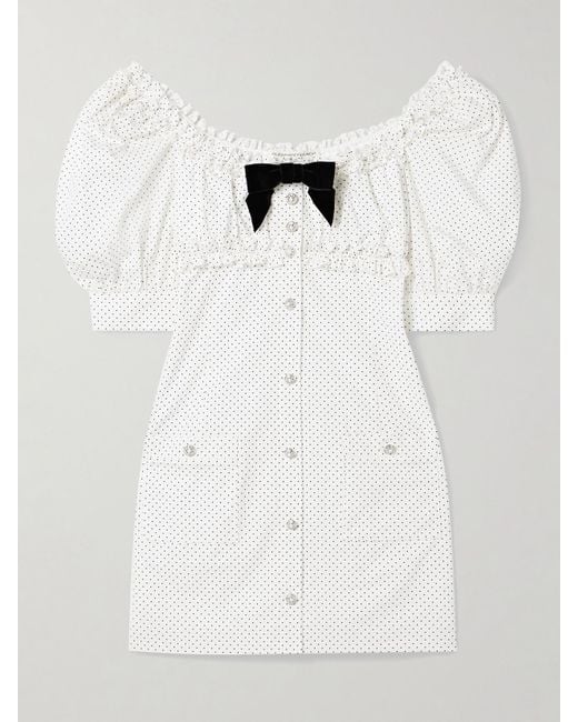 Alessandra Rich White Velvet-Trimmed Ruffled Polka-Dot Cotton-Poplin Mini Dress