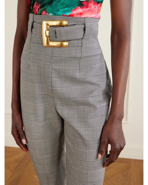 Balmain Gray Belted Prince Of Wales Checked Wool-Blend Skinny Pants