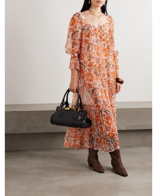 Alix Of Bohemia Orange Lilium Topaz Flower Pleated Ruffled Printed Georgette Midi Dress