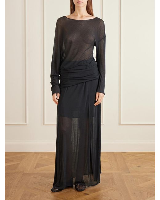 Ruohan Blue Cobia Asymmetric Gathered Cotton-Gauze Blouse