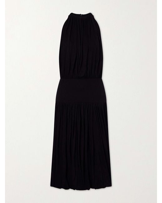 Totême Black Gathered Jersey Midi Dress