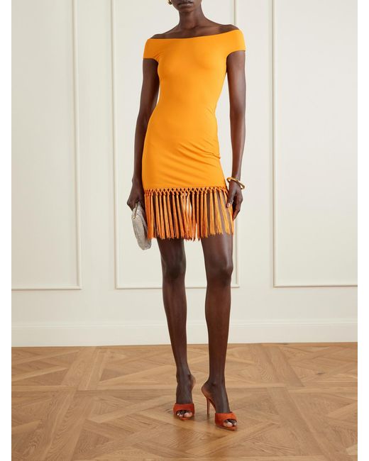Taller Marmo Orange Romy Off-The-Shoulder Fringed Jersey Mini Dress