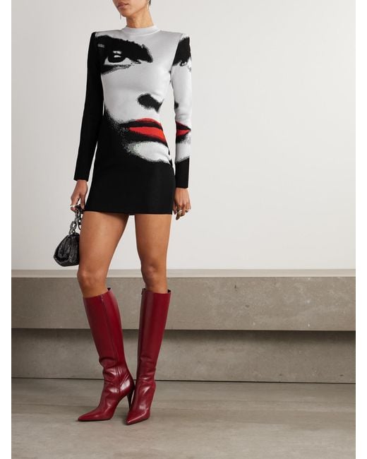 Balmain Black Printed Jacquard-Knit Mini Dress