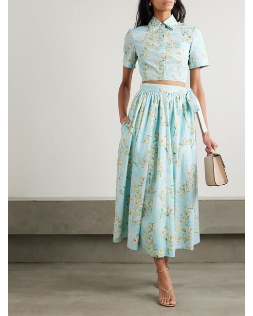 Emilia Wickstead Blue Evelyna Pleated Floral-Print Cotton-Poplin Midi Wrap Skirt
