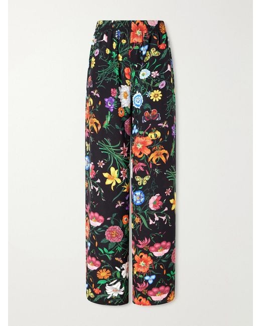 Gucci White Flora Printed Silk-Twill Wide-Leg Pants