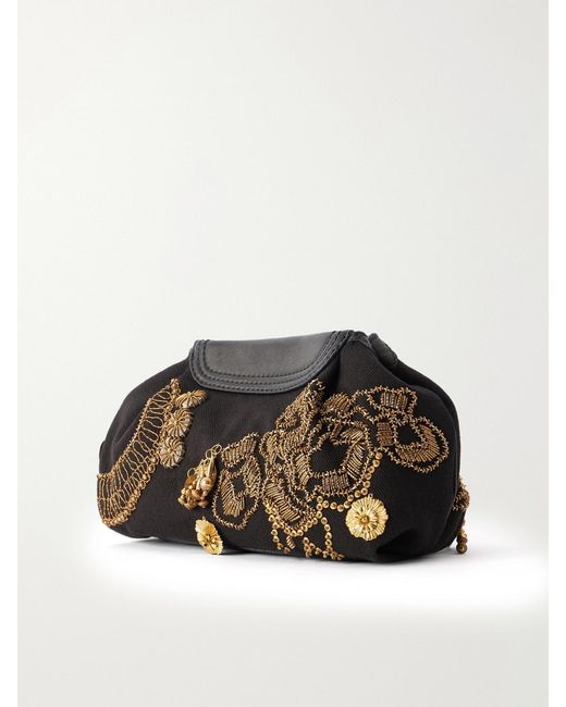 Dries Van Noten Black Bead-Embellished Embroidered Leather-Trimmed Cotton-Twill Clutch