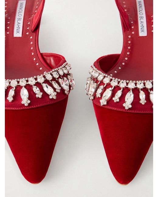 Manolo Blahnik Red Bequila 30 Embellished Velvet Slingback Pumps