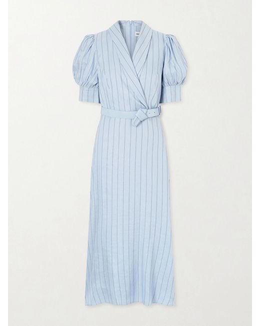 Rebecca Vallance Blue Effie Belted Striped Linen-Blend Midi Dress