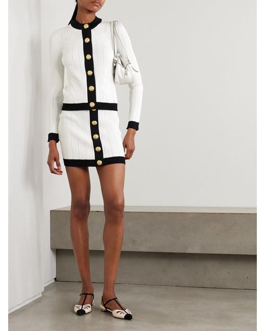 Balmain Black Button-Embellished Two-Tone Ribbed-Knit Mini Skirt