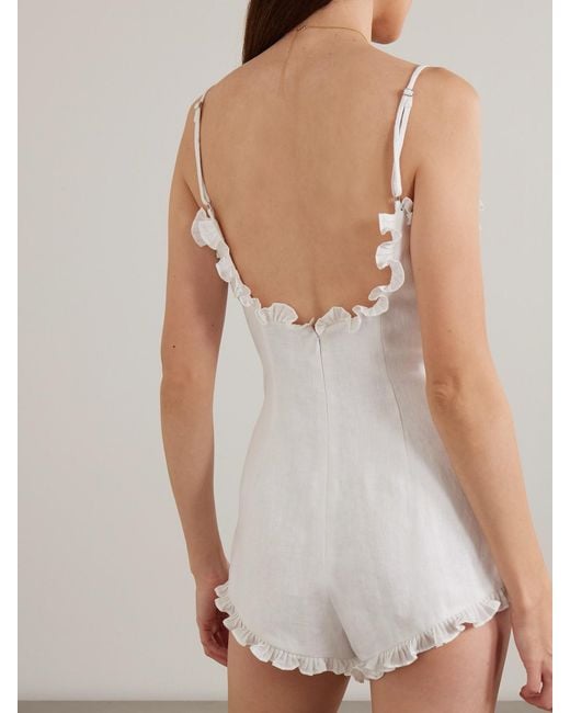 Posse White Florence Ruffled Linen Playsuit