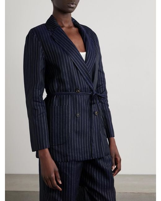 Brunello Cucinelli Blue Double-Breasted Belted Metallic Pinstriped Cotton-Blend Blazer