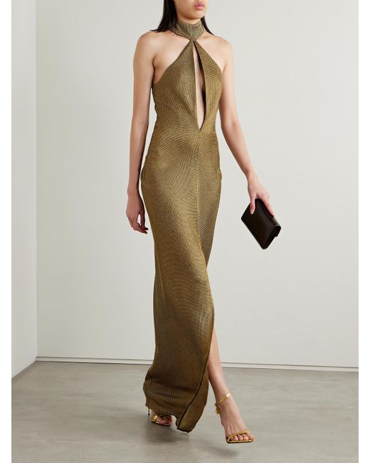 Tom Ford Natural Cutout Metallic Stretch-Knit Halterneck Gown