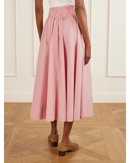 Suzie Kondi Pink Kyria Shirred Striped Cotton-Poplin Midi Skirt