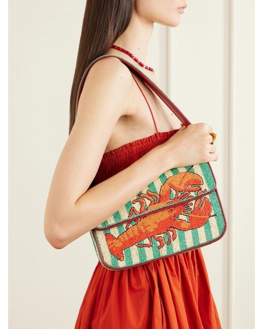 Staud Gray Tommy Bead-Embellished Leather-Trimmed Satin Shoulder Bag