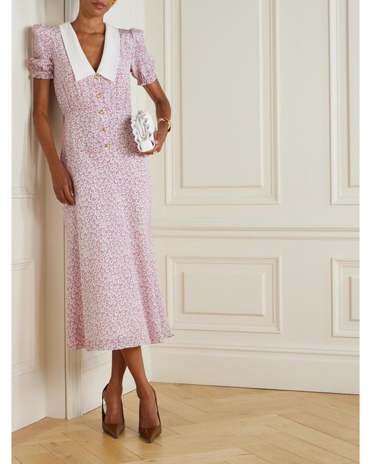 Alessandra Rich Pink Crepe-Trimmed Gathered Floral-Print Silk Midi Dress