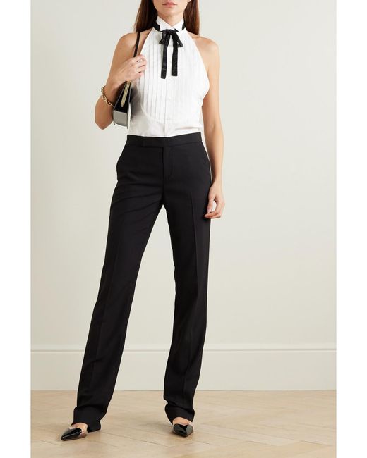 Ralph Lauren White Sorrento Embellished Bow-Detailed Pleated Cotton-Poplin Halterneck Top