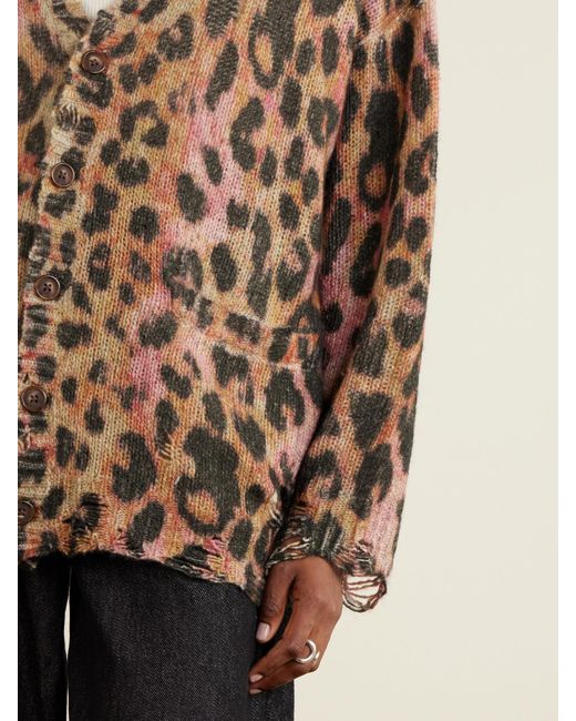 R13 Brown Distressed Animal-Print Cashmere Cardigan