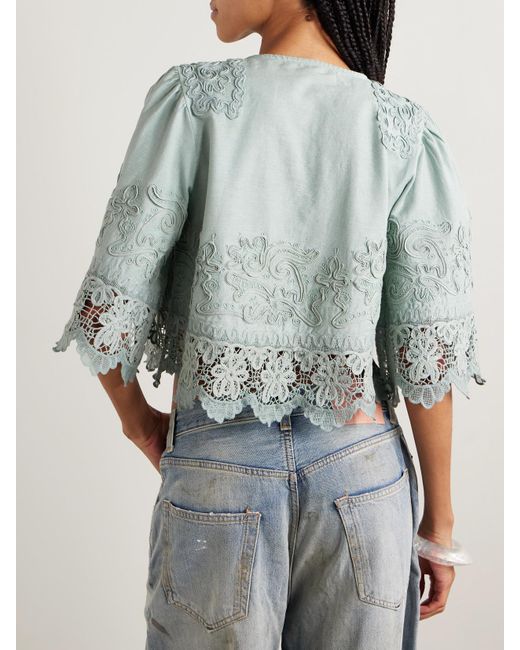 Sea Blue Iyla Cropped Embroidered Broderie Anglaise Cotton And Linen-Blend Top