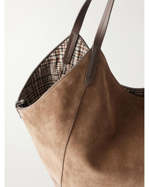 Brunello Cucinelli Brown Bead-Embellished Reversible Suede Shoulder Bag