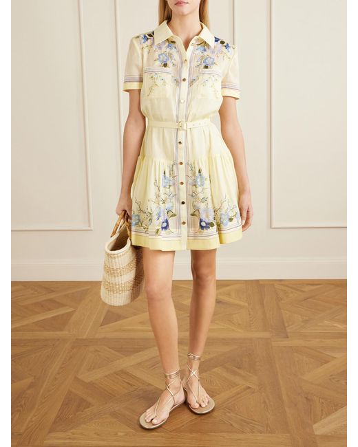 Self-Portrait Metallic Belted Floral-Print Organza Mini Shirt Dress