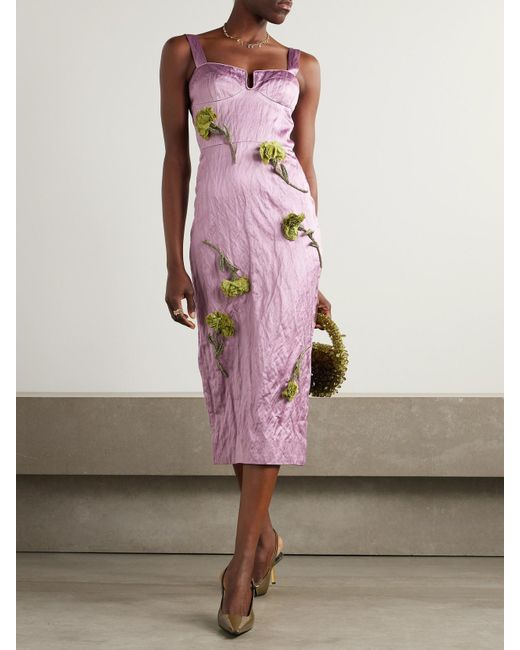 Robe Midi Façon Corset En Satin Froissé À Appliqués Et À Perles Erdem en coloris Pink