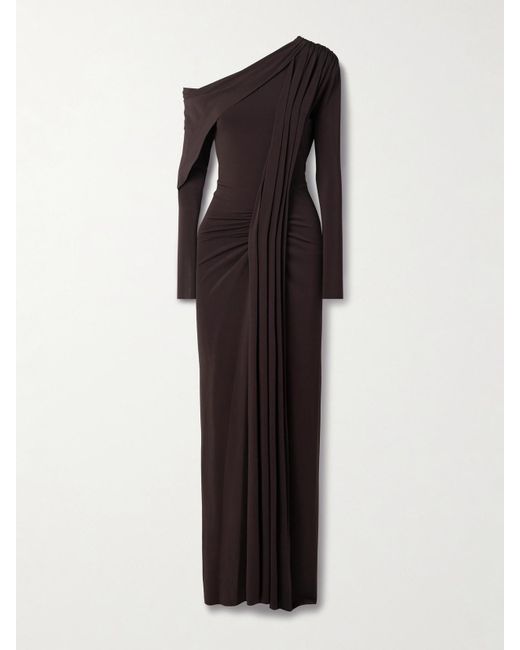 Jason Wu Brown Off-The-Shoulder Draped Stretch-Jersey Gown