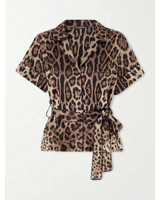 Dolce & Gabbana White Belted Piped Leopard Print Silk-Blend Satin Shirt