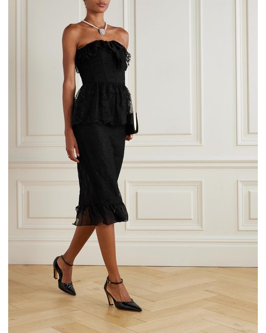 Alessandra Rich Black Strapless Layered Embellished Cotton-Blend Lace Midi Dress