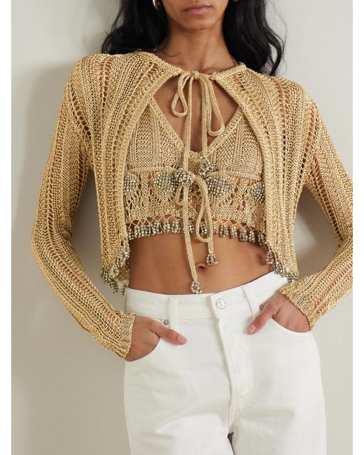 Rabanne Natural Bead-Embellished Metallic Open-Knit Cardigan