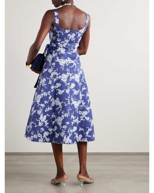 Carolina Herrera Blue Belted Floral-Print Faille Midi Dress