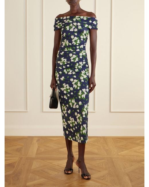 Carolina Herrera Blue Floral-Print Gathered Satin Midi Dress
