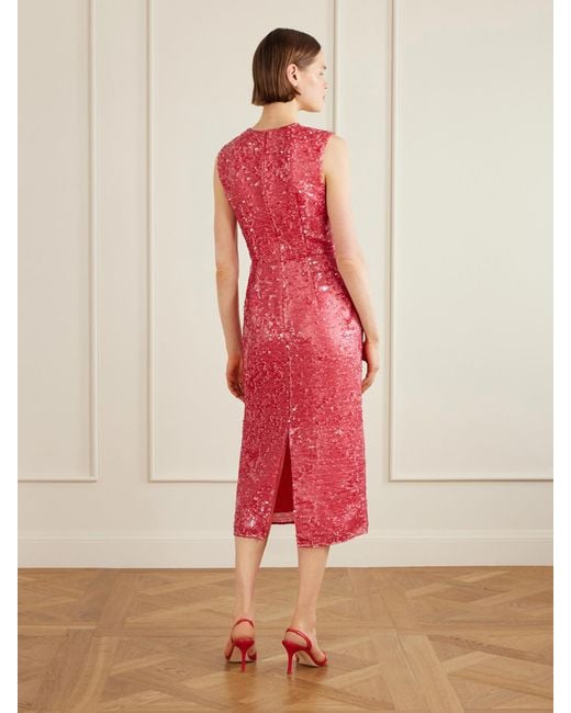 Erdem Red Crystal-Embellished Sequined Satin Midi Dress