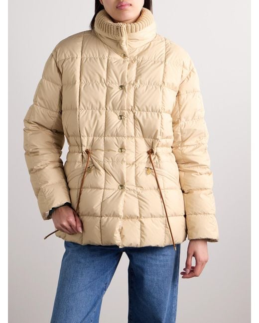 Moncler Natural Antigone Ribbed-Knit And Leather-Trimmed Padded Quilted Shell Down Jacket
