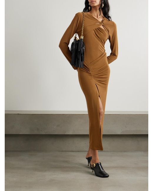 Isabel Marant Natural Evelina Asymmetric Knotted Stretch-Jersey Midi Dress