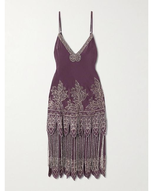 Bode Purple Epoque Fringed Embroidered Embellished Silk-Crepe Midi Dress