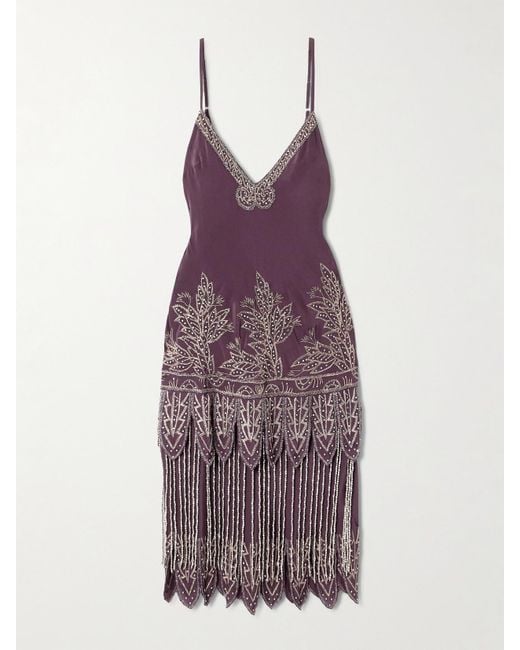 Robe Midi En Crêpe De Soie À Franges, Broderies Et Ornements Epoque Bode en coloris Purple
