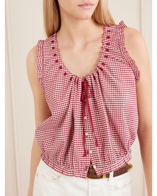 Doen Pink Traveler Gathered Checked Organic Cotton Blouse