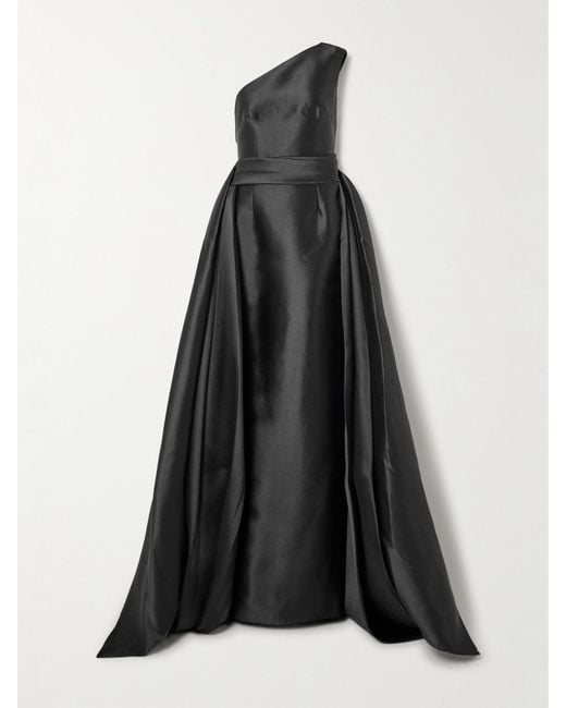 Solace London Black The Charo One-Shoulder Draped Satin-Twill Gown