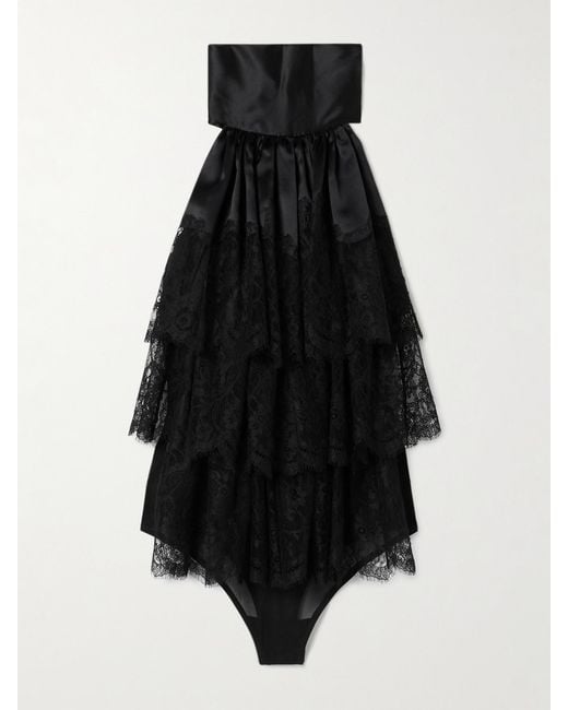 Salon 1884 Black Farrusi Lace-Trimmed Silk-Blend Satin Halterneck Thong Bodysuit