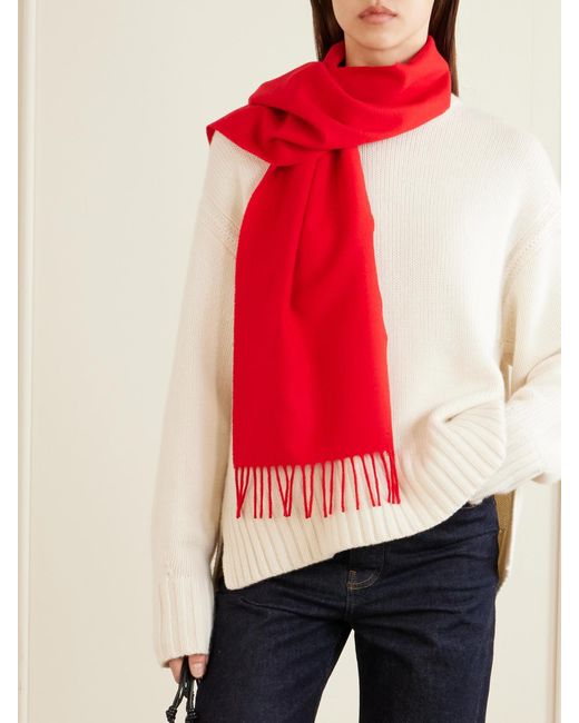 Jil Sander Red Fringed Virgin Wool Scarf