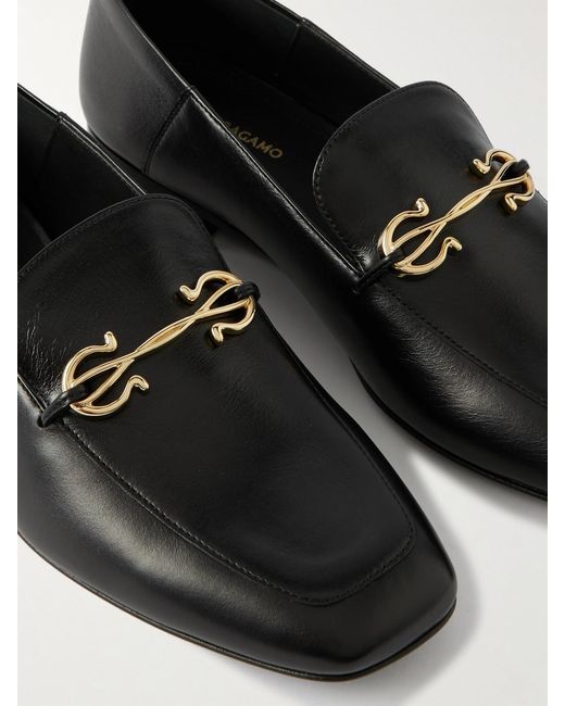 Ferragamo Black Louis Collapsible-Heel Embellished Leather Loafers