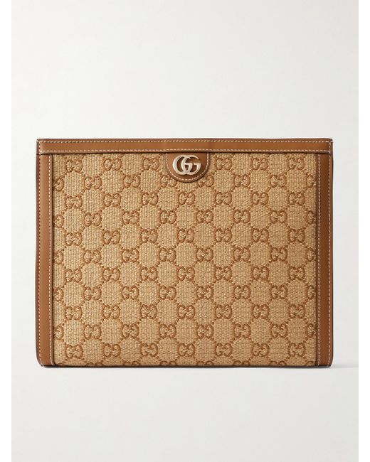 Gucci Natural Ophidia Leather-Trimmed Logo-Jacquard Raffia Pouch