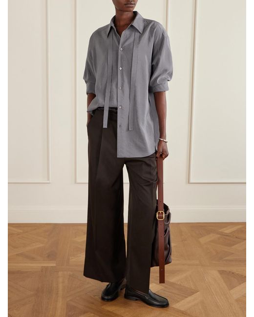 Lemaire Gray Tie-Detailed Crinkled Silk-Blend Shirt
