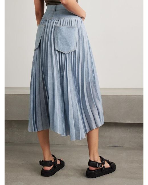 Sacai Blue Wrap-Effect Denim-Paneled Pleated Printed Crepe De Chine Midi Skirt