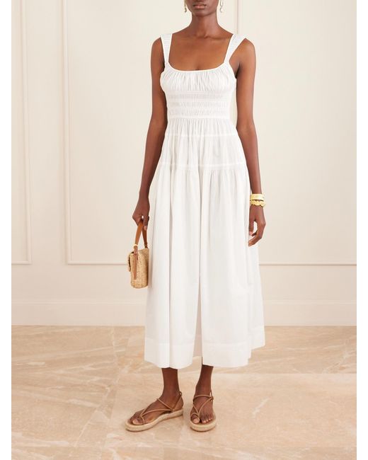 Doen White Clover Shirred Organic Cotton-Poplin Midi Dress